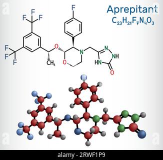 Aprepitant-Arzneimittelmolekül. Es wird zur Behandlung von Übelkeit und Erbrechen angewendet, die durch Chemotherapie und Operation verursacht werden. Strukturelle chemische Formel, Molekülmodell. Vec Stock Vektor