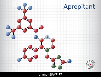 Aprepitant-Arzneimittelmolekül. Es wird zur Behandlung von Übelkeit und Erbrechen angewendet, die durch Chemotherapie und Operation verursacht werden. Strukturelle chemische Formel, Molekülmodell. Sie Stock Vektor