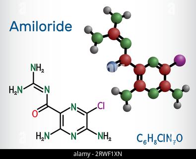 Amiloridmolekül. Es ist eine Pyrizin-Verbindung, die verwendet wird, um Hypertonie, Herzinsuffizienz zu behandeln. Strukturelle chemische Formel, Molekülmodell. Vektor Stock Vektor