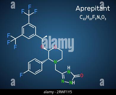 Aprepitant-Arzneimittelmolekül. Es wird zur Behandlung von Übelkeit und Erbrechen angewendet, die durch Chemotherapie und Operation verursacht werden. Strukturelle chemische Formel auf dem dunkelblauen bac Stock Vektor