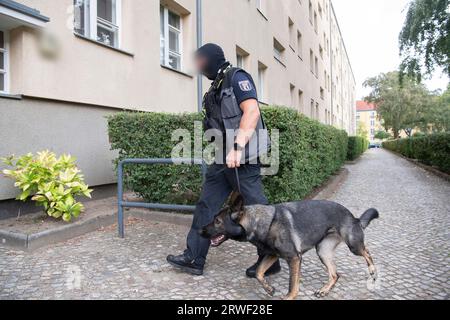 Berlin, Deutschland. September 2023. Polizeikräfte überfallen eine neonazistische Gruppe im Berliner Stadtteil Alt-Hohenschönhausen. Bundesinnenminister Faeser hat den rechtsextremen Verein "Hammerskins Deutschland" sowie seine regionalen Ableger und die Unterorganisation "Crew 38" verboten. Nach Angaben des ministeriums durchsuchten Polizeieinsatzkräfte am frühen Morgen die Wohnungen von 28 mutmaßlichen Mitgliedern des Vereins in zehn deutschen staaten. Anrede: Paul Zinken/dpa - ACHTUNG: Person(en) wurden aus rechtlichen Gründen verpixelt/dpa/Alamy Live News Stockfoto