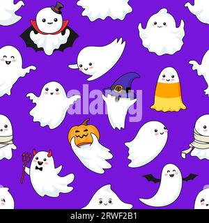 Comic lustige Kawaii Halloween Geisterfiguren nahtloses Muster, Vektorhintergrund für den Urlaub. Niedliche, fröhliche Geister und fröhliche, lächelnde Buschgeister mit Kürbis in Hexenhut, Vampir und Teufel Stock Vektor