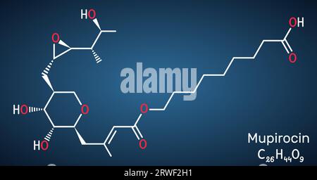 Mupirocin-Molekül. Es ist eine antibakterielle Salbe zur Behandlung von Impetigo und Hautinfektionen. Strukturelle chemische Formel auf dunkelblauem Hintergrund. Stock Vektor