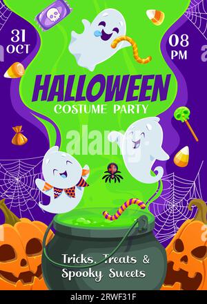 Halloween-Party-Flyer mit Kawaii-Geistern und Hexenkessel mit Weihnachtsmonstern und Kürbissen, Vektorplakat. Halloween Kostümparty für Kinderfeiern mit gruseligen süßen Süßigkeiten und Totenkopf-Lutscher Stock Vektor