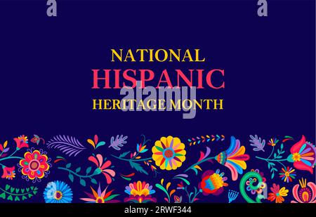 National hispanic Heritage Month Festival Banner mit Vektorrand aus tropischen Blumen und Pflanzen Muster. Hispanische Kulturdenkkarte mit huichol-Ornamenten aus bunten Blumen, Blättern Stock Vektor