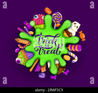 Halloween-Süßigkeiten mit grünem Schleimfleckenvektor-Trick oder Süßigkeiten für die Party. Cartoon-Kürbiskuchen, Maisbonbons, Schokoladen-Cupcakes, Toffee-Augapfel und Karamell-Lutscher, Hexenfinger-Keks, Gelee Stock Vektor