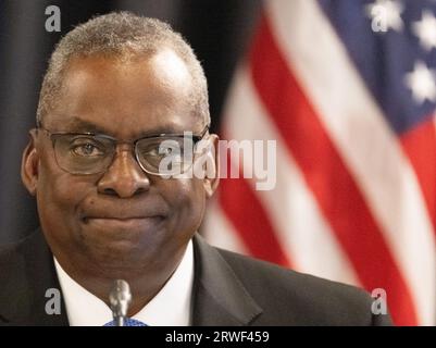 Ramstein Miesenbach, Deutschland. September 2023. Lloyd Austin, US-Verteidigungsminister, trifft zum fünften Treffen der Ukraine-Kontaktgruppe auf der Ramstein-Basis ein. Quelle: Boris Roessler/dpa/Alamy Live News Stockfoto