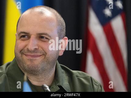 Ramstein Miesenbach, Deutschland. September 2023. Der ukrainische Verteidigungsminister Rustem Umjerov trifft auf dem fünften Treffen der ukrainischen Kontaktgruppe auf der US-Basis in Ramstein ein. Quelle: Boris Roessler/dpa/Alamy Live News Stockfoto