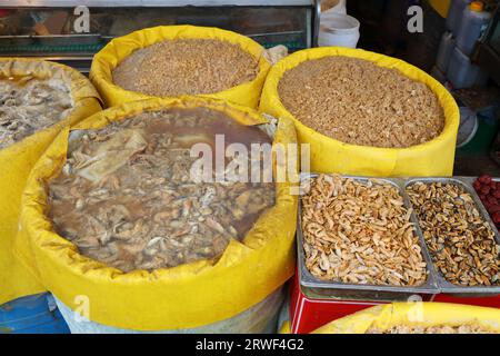 Koreanisches Essen auf dem Nambu Market in Jeonju, Südkorea. Fässer mit fermentierendem Fisch für Jeotgal. Stockfoto