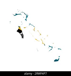 Vektor isolierte Illustration mit Bahamas Nationalflagge mit Form der Inselkarte (vereinfacht). Volume Shadow auf der Karte. Weißer Hintergrund. Stock Vektor