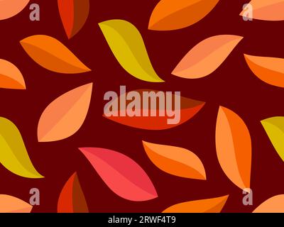 Nahtloses Herbst-Muster mit Blättern in einem minimalistischen Stil. Mehrfarbige Herbstblätter auf dunkelrotem Hintergrund. Blattfall. Design zum Drucken auf Fab Stock Vektor
