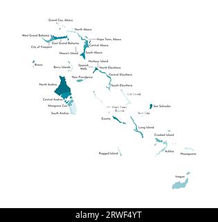 Vektorisolierte Illustration einer vereinfachten Verwaltungskarte der Bahamas. Grenzen und Namen der Regionen. Farbenfrohe, khakifarbene Silhouetten Stock Vektor