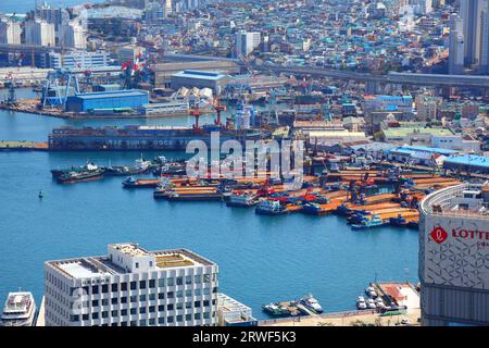 BUSAN, SÜDKOREA - 27. MÄRZ 2023: Industry IF Busan, Korea. Trockendock der Daesun Shipbuilding and Engineering Company auf der Insel Yeongdo. Stockfoto
