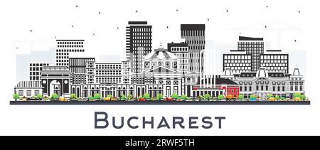 Bukarest Rumänien City Skyline mit farbigen Gebäuden isoliert auf weiß. Vektorillustration. Bukarest Stadtbild mit Sehenswürdigkeiten. Stock Vektor