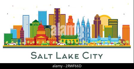 Salt Lake City Utah Skyline mit farbigen Gebäuden isoliert auf weiß. Vektorillustration. Business Travel and Tourism Concept. Stock Vektor