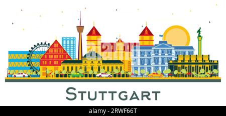 Stuttgart Deutschland City Skyline mit farbigen Gebäuden isoliert auf weiß. Vektorillustration. Business Travel and Tourism Concept. Stock Vektor