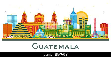 Guatemala City Skyline mit farbigen Gebäuden isoliert auf weiß. Vektorillustration. Business Travel and Tourism Konzept mit moderner Architektur. Stock Vektor