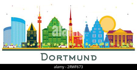 Dortmund Deutschland City Skyline mit farbigen Gebäuden isoliert auf weiß. Vektorillustration. Business Travel and Tourism Concept. Stock Vektor