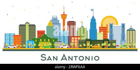 Skyline der Stadt San Antonio Texas mit farbigen Gebäuden isoliert auf weiß. Vektorillustration. Business Travel and Tourism Concept. Stock Vektor