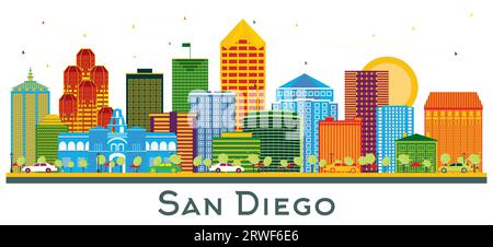 Skyline der Stadt San Diego Kalifornien mit farbigen Gebäuden isoliert auf weiß. Vektorillustration. Business Travel and Tourism Konzept mit modernem Archite Stock Vektor