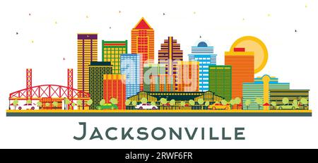 Jacksonville Florida Skyline mit farbigen Gebäuden isoliert auf weiß. Vektorillustration. Business Travel and Tourism Konzept mit moderner Architektur Stock Vektor