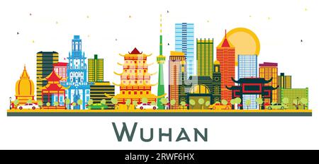 Skyline von Wuhan China City mit farbigen Gebäuden isoliert auf weiß. Vektorillustration. Business Travel and Tourism Konzept mit moderner Architektur. Stock Vektor