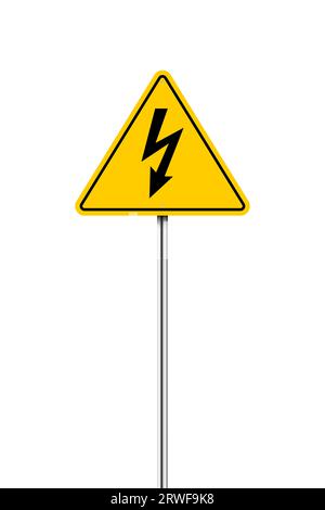 Hochspannungsschild. Pfeil in gelbem Dreieck isoliert. Symbol für gefährliche elektrische Spannung. Vektorillustration Stock Vektor