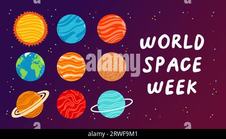 Weltraumwoche. Bis 10. Oktober. Urlaubskonzept. Vorlage für Hintergrund, Banner, Karte, Poster mit Textbeschriftung. Stock Vektor