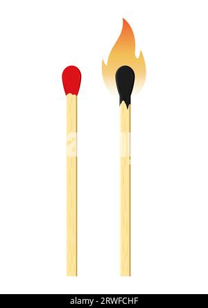 Match-Stick und verbrannter Match-Stick-Vektor mit flachem Design Stock Vektor