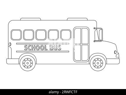 Schwarz-weiß Schulbus Vektor Illustration isoliert auf weißem Hintergrund. Ausmalseite eines Schulbusses im flachen Stil Stock Vektor