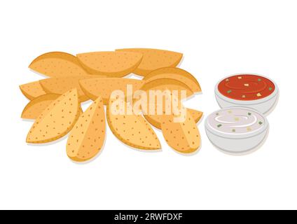 Knusprige Kartoffel mit Ketchup und Mayonnaise-Soße im flachen Design. Fast Food Wedges Kartoffel Vektor Illustration auf weißem Hintergrund Stock Vektor