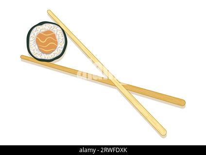 Essstäbchen mit Sushi-Brötchen. Seafood Sushi Vektor flaches Design isoliert auf weißem Hintergrund Stock Vektor