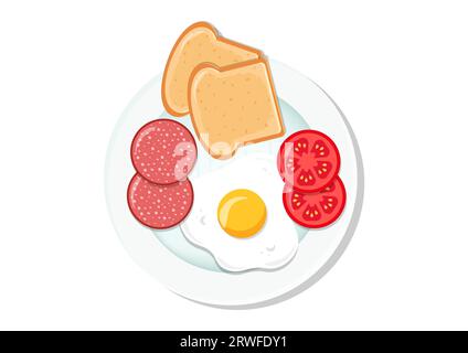 Frühstücksteller mit gebratenem Ei, Tomaten-Peperoni und geröstetem Brot Vector Flat Design Stock Vektor