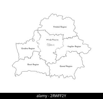 Vektor-isolierte Illustration der vereinfachten Verwaltungskarte von Belarus. Grenzen und Namen der Regionen. Silhouetten mit schwarzen Linien. Stock Vektor