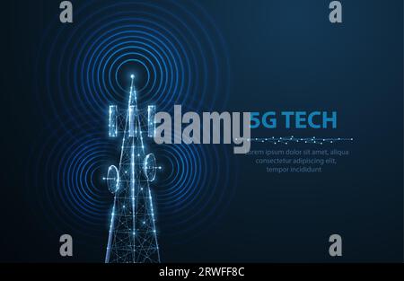 Abstrakter Antennenmast auf blau. 5G-Technologie, Telekommunikationsindustrie Stock Vektor
