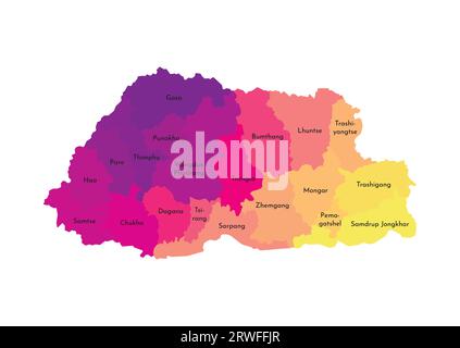 Vektorisolierte Darstellung der vereinfachten Verwaltungskarte von Bhutan. Grenzen und Namen der Regionen. Mehrfarbige Silhouetten. Stock Vektor