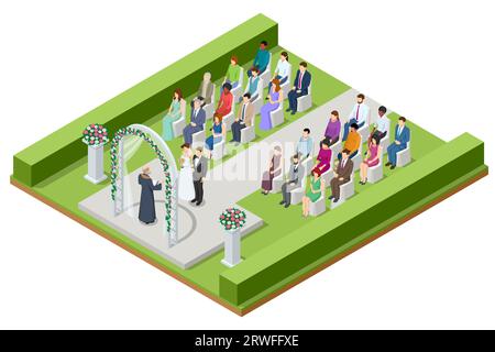Isometrischer Hochzeitsbogen mit Blumen steht im luxuriösen Bereich der Hochzeitszeremonie, wunderschöne Braut und Bräutigam bei der Hochzeitszeremonie Stock Vektor