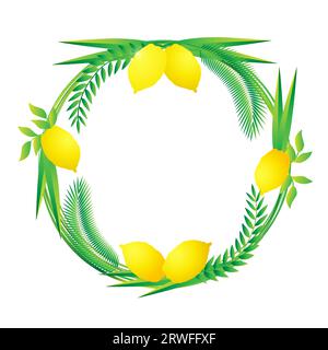 Happy Sukkot, Etrog und runder Palmenkranzrahmen. Dekorationshintergrund für jüdischen Urlaub Sukkot mit Lulav, arava, hadas. Vektordesign Stock Vektor