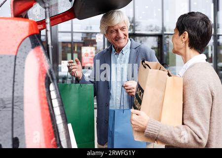 Seitenansicht Porträt des lächelnden älteren Paares, das Einkaufstaschen im Auto im Freien platziert, Kopierraum Stockfoto