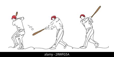 Baseballspieler, der den Schläger in einem Treffer schwingt. Hauptbewegungen. Vektorskizze. Eine durchgehende Strichzeichnung eines Baseballschlages Stock Vektor