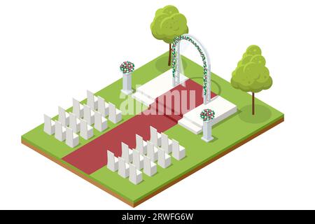 Isometrischer Hochzeitsbogen mit Blumen steht im luxuriösen Bereich der Hochzeitszeremonie Stock Vektor