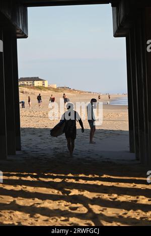 Ein Surfer trägt sein Board unter dem Jennette's Pier während einer frühen Morgensitzung in Nags Head, North Carolina. Stockfoto