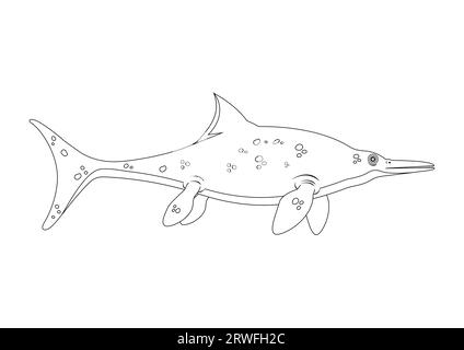 Schwarz-weiß Ichthyosaurus Dinosaurier Zeichentrickfigur Vektor. Malseite eines Ichthyosaurus-Dinosauriers Stock Vektor