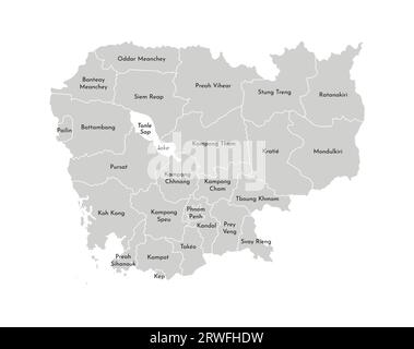 Vektorisolierte Darstellung der vereinfachten Verwaltungskarte Kambodschas. Grenzen und Namen der Provinzen (Regionen). Graue Silhouetten. Weiße Omelettes Stock Vektor