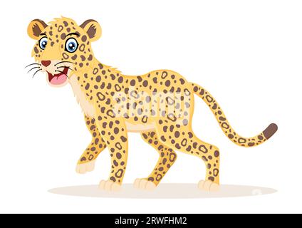 Niedliche lächelnde Leoparden-Zeichentrickfigur-Vektor-Illustration auf weißem Hintergrund Stock Vektor