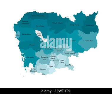 Vektorisolierte Darstellung der vereinfachten Verwaltungskarte Kambodschas. Grenzen und Namen der Regionen. Farbenfrohe, khakifarbene Silhouetten Stock Vektor