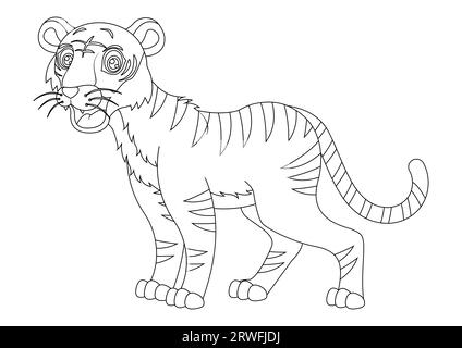 Schwarz-weiße Tiger-Zeichentrickfigur Vektor-Illustration. Malseite des ZeichentrickTigers Stock Vektor