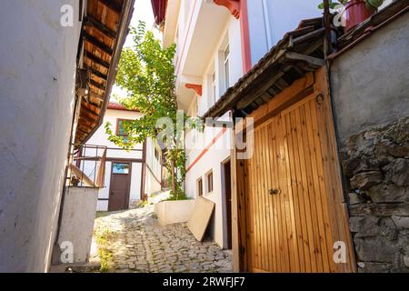 Eine Straße im Stadtteil Goynuk von Bolu. Vernakulare Architekturbeispiele in Anatolien. Cittaslow Towns of Turkiye Hintergrundfoto. Stockfoto