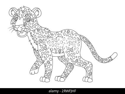 Schwarz-weiß-Leoparden-Zeichentrick-Vektor-Illustration. Malseite des Cartoon-Leoparden Stock Vektor