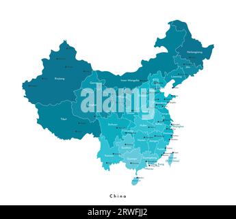 Vector Modern Illustration. Vereinfachte isolierte Verwaltungskarte Chinas (VR China). Weißer Hintergrund und Umrisse. Namen einiger Städte (Peking, Hong Stock Vektor
